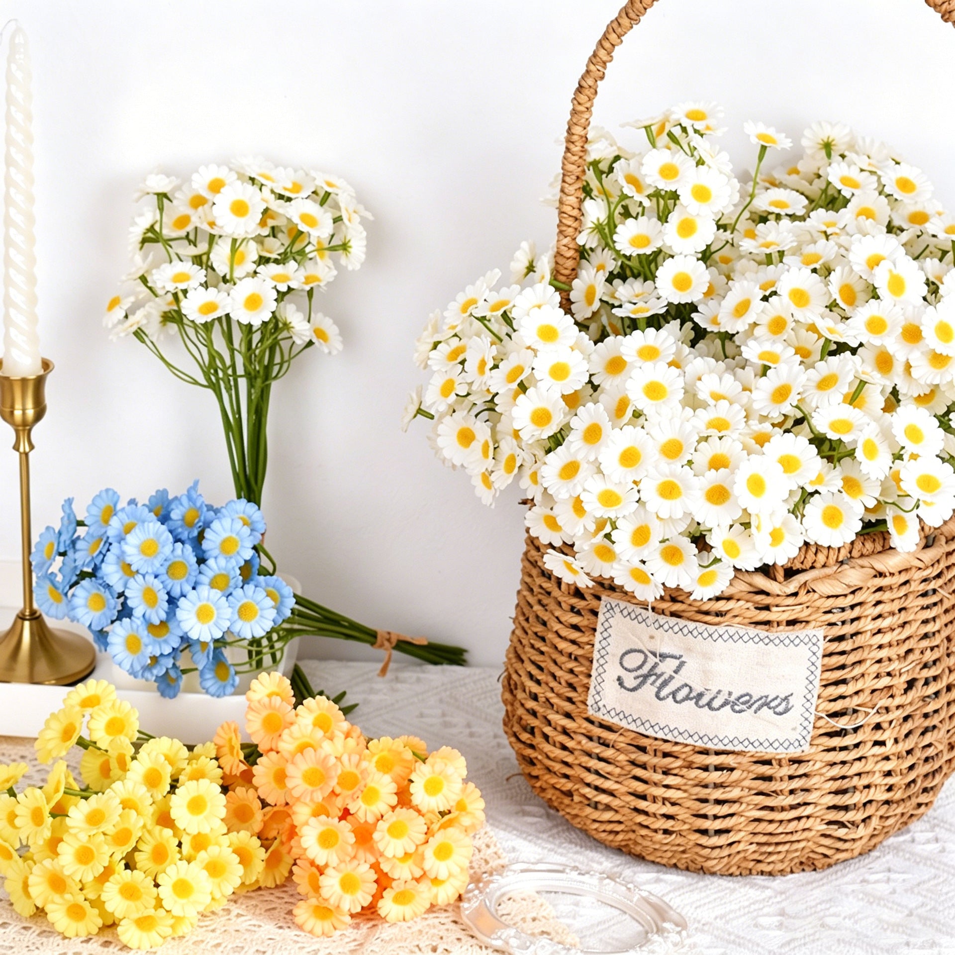 realistic artificial daisy chamomile flower bouquets displayed inside a rustic woven basket for country home decor