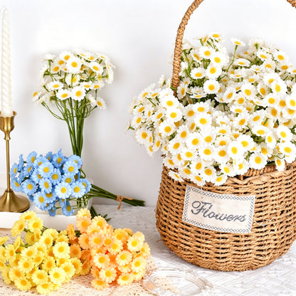 realistic artificial daisy chamomile flower bouquets displayed inside a rustic woven basket for country home decor