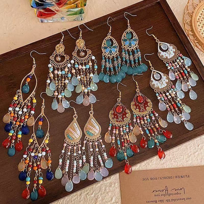 valencia bohemia crystal tassel earrings with cascading fluid fringe and colorful bohemian chandelier jewelry design