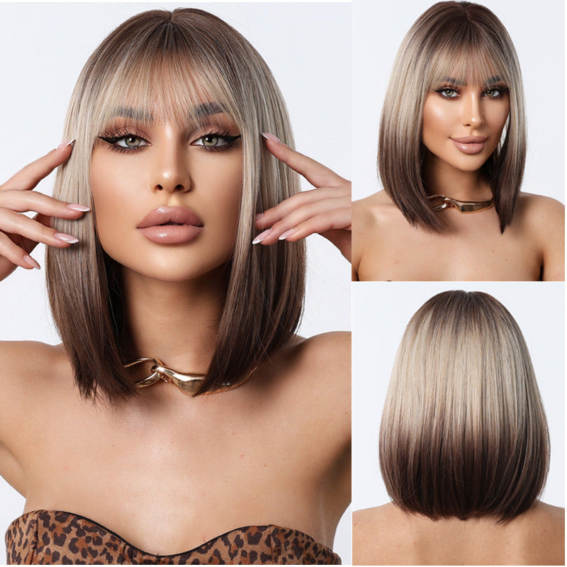 premium gradient ash bob wig with bangs and glueless heat resistant synthetic hair design