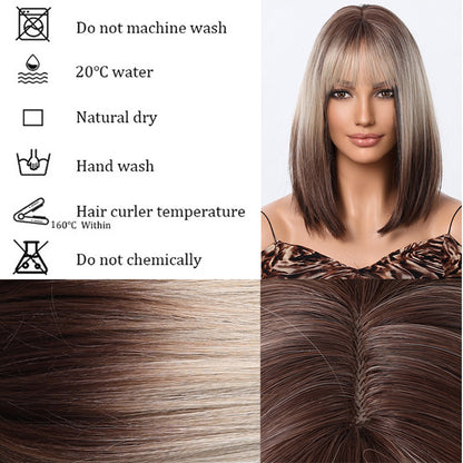 comprehensive wig washing care guide chart and close up of the realistic skin top part on synthetic bob wig