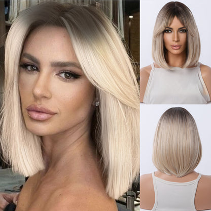 multi angle view of straight ash blonde ombre synthetic bob wig showcasing front and back styling details