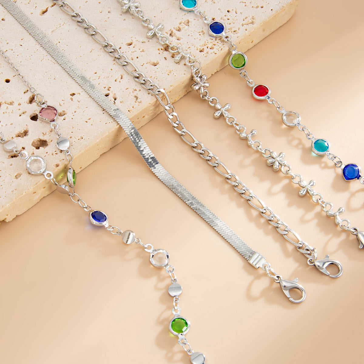 detailed close up of the bohemian chain link finger ring bracelet with high grade rhinestones
