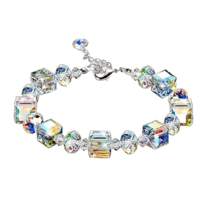 bohemian multicolor cube crystal bead bracelet with silver adjustable chain on a clean white background