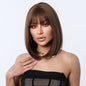front view of the trendy straight shoulder length dark brown synthetic wig with fringe worn by a model