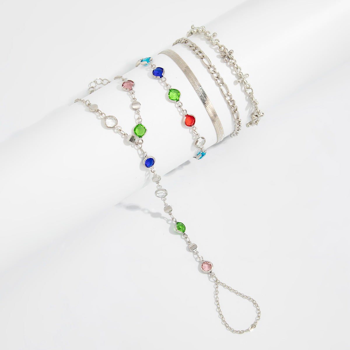 detailed close up of the bohemian chain link finger ring bracelet with high grade rhinestones