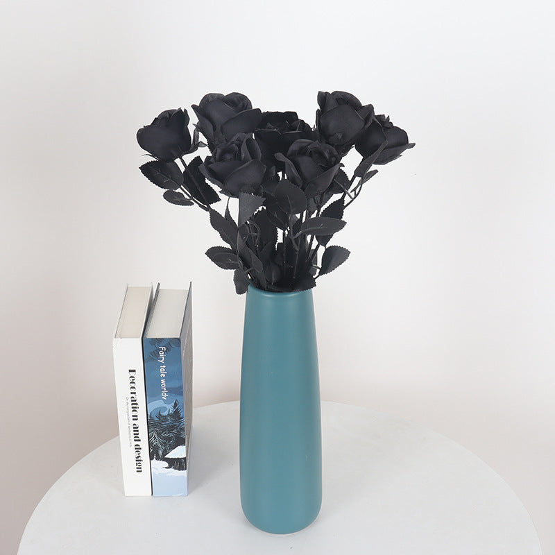 black magic silk rose artificial stem with matte velvet black petals and flexible wire branch for gothic home decor and halloween centerpiece 