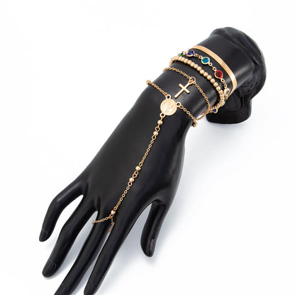 detailed close up of the bohemian chain link finger ring bracelet with high grade rhinestones