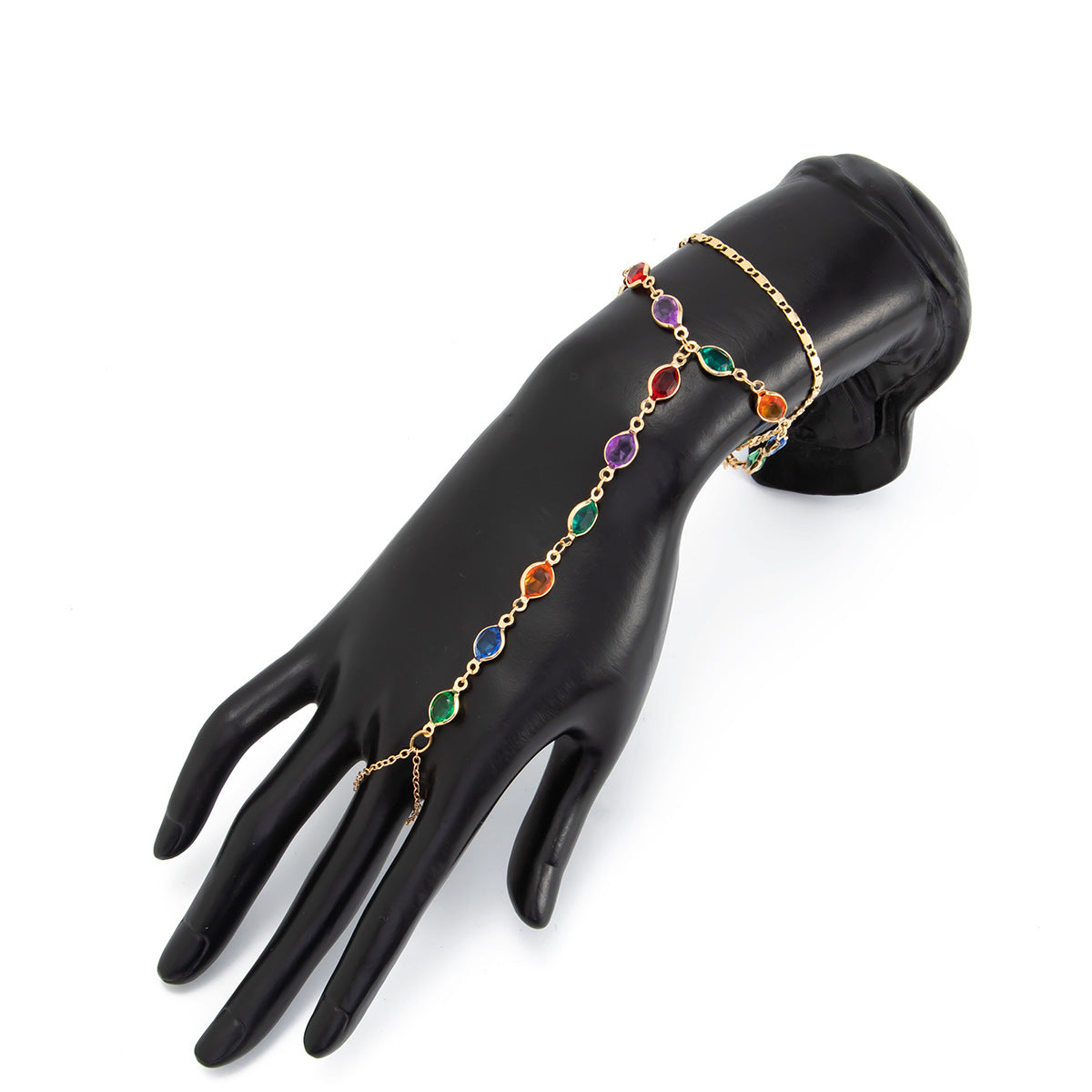 detailed close up of the bohemian chain link finger ring bracelet with high grade rhinestones