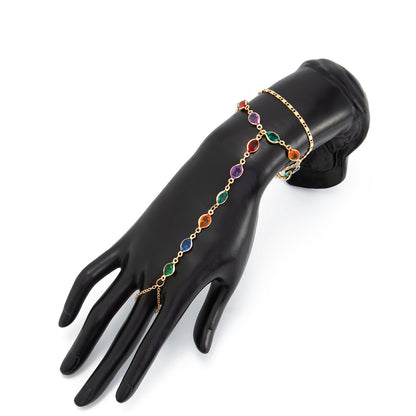 detailed close up of the bohemian chain link finger ring bracelet with high grade rhinestones