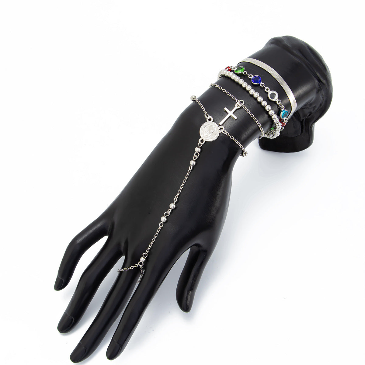 detailed close up of the bohemian chain link finger ring bracelet with high grade rhinestones