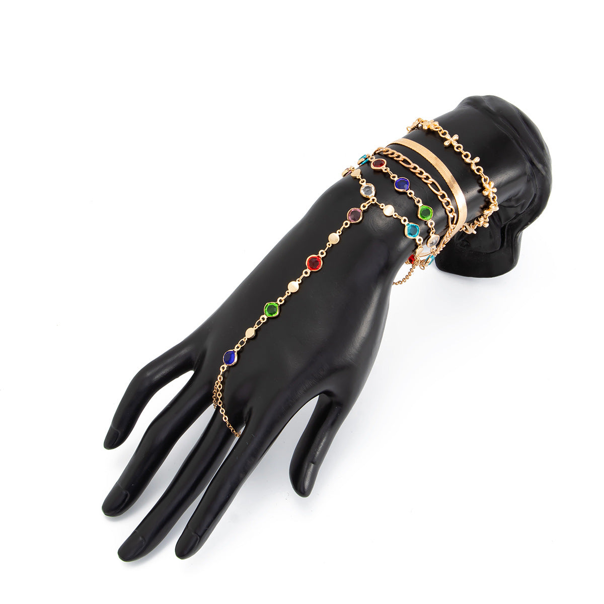 detailed close up of the bohemian chain link finger ring bracelet with high grade rhinestones