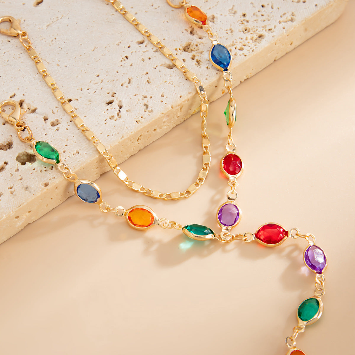 detailed close up of the bohemian chain link finger ring bracelet with high grade rhinestones