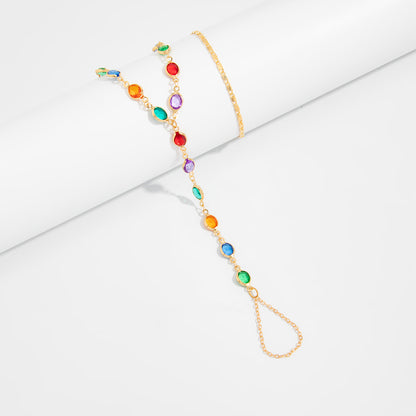 detailed close up of the bohemian chain link finger ring bracelet with high grade rhinestones