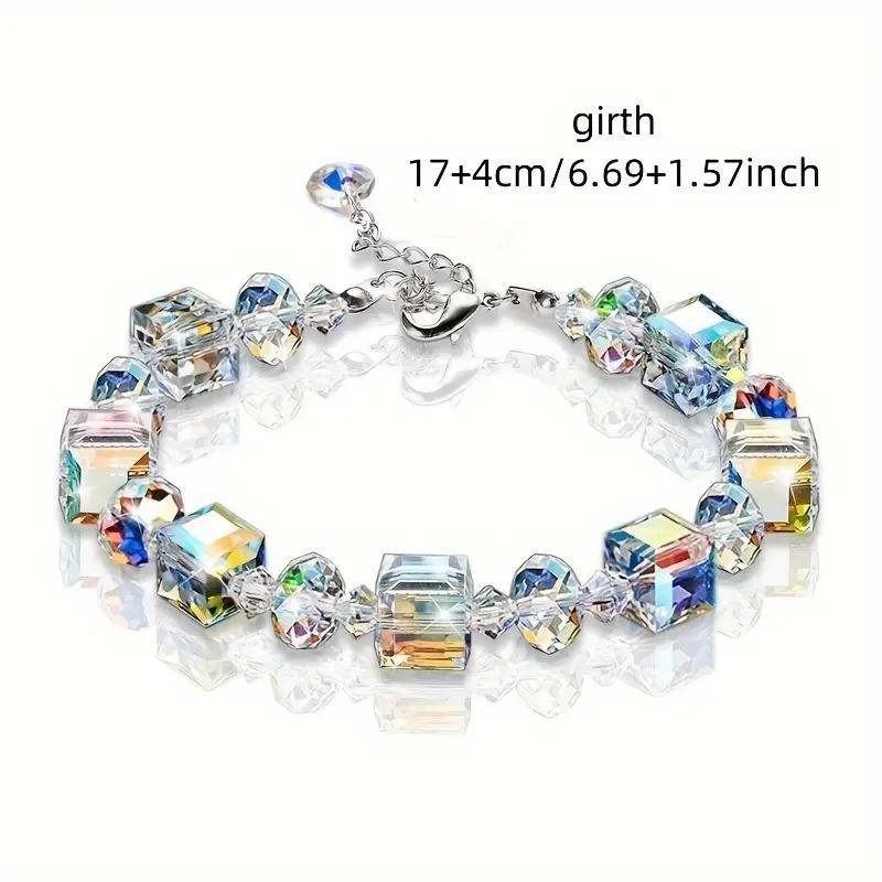 detailed size and dimension specification chart for the bohemian multicolor cube crystal bead bracelet