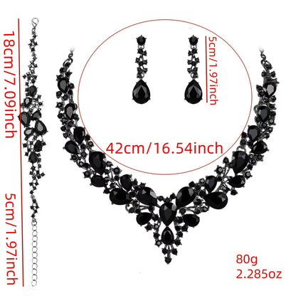 detailed size and weight measurement chart for the elegant waterdrop crystal bridal jewelry necklace earrings and bracelet set