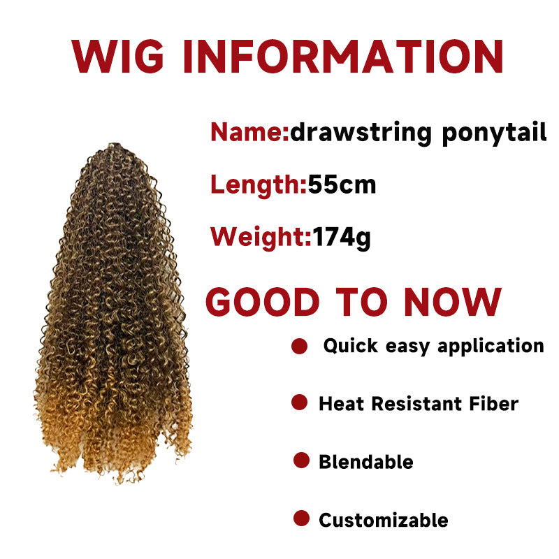 comprehensive drawstring ponytail parameter chart showcasing length and heat resistant fiber features