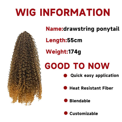 comprehensive drawstring ponytail parameter chart showcasing length and heat resistant fiber features