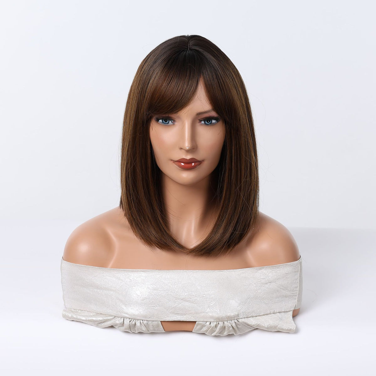 premium synthetic dark brown bob wig with bangs displayed on a professional mannequin head