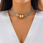 gorgeous model wearing the luxury bohemian multi row metallic chain choker necklace with beads