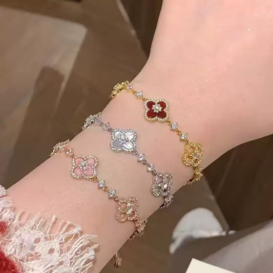 elegant four leaf clover mother of pearl bracelet with adjustable pull string