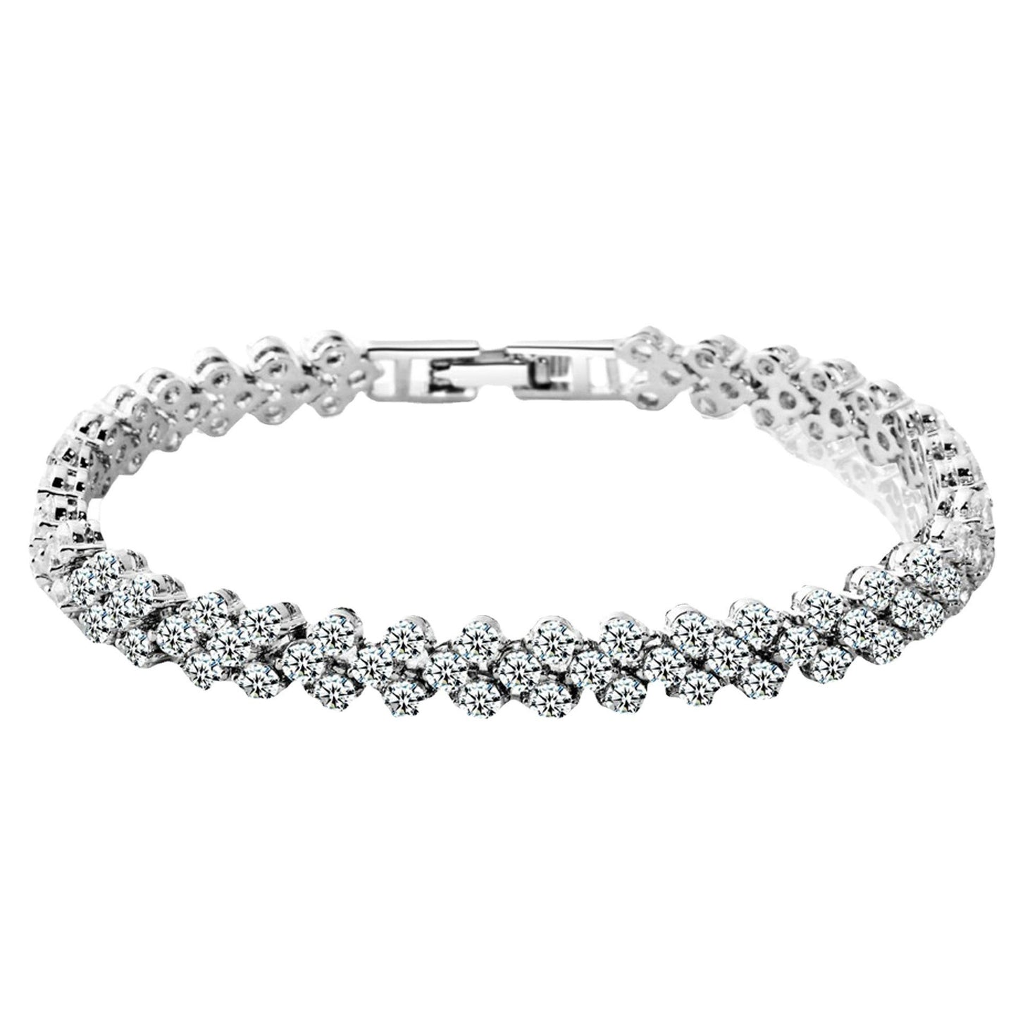 elegant premium silver crystal wave tennis bracelet with secure fold over clasp closure