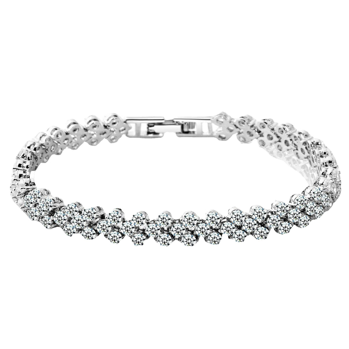 elegant premium silver crystal wave tennis bracelet with secure fold over clasp closure
