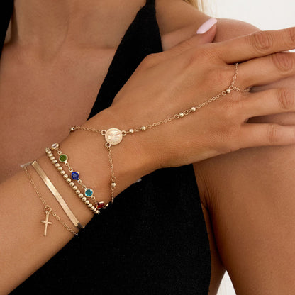elegant silver finger ring bracelet with delicate multi layer chains and colorful crystals