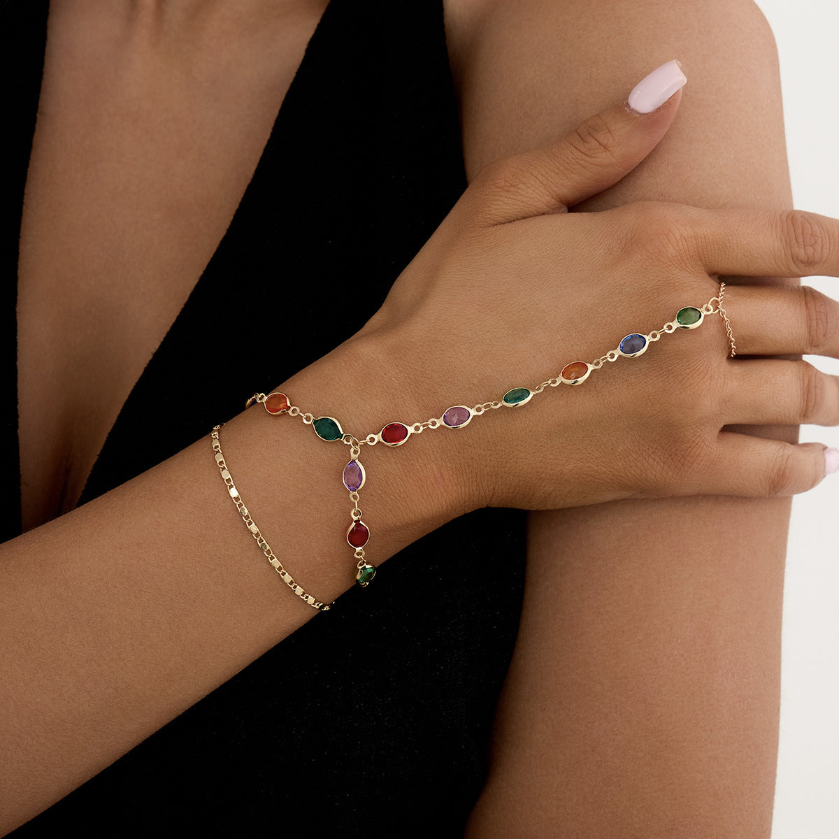 elegant silver finger ring bracelet with delicate multi layer chains and colorful crystals