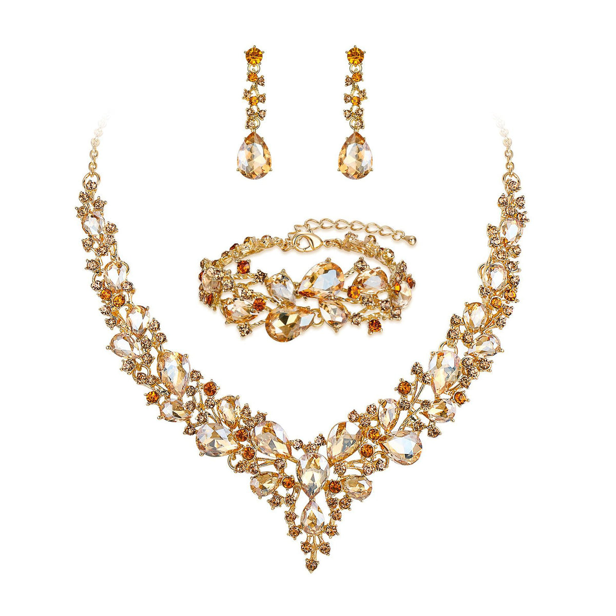 elegant waterdrop crystal bridal jewelry set in champagne gold color featuring a rhinestone pendant necklace drop earrings and matching bracelet