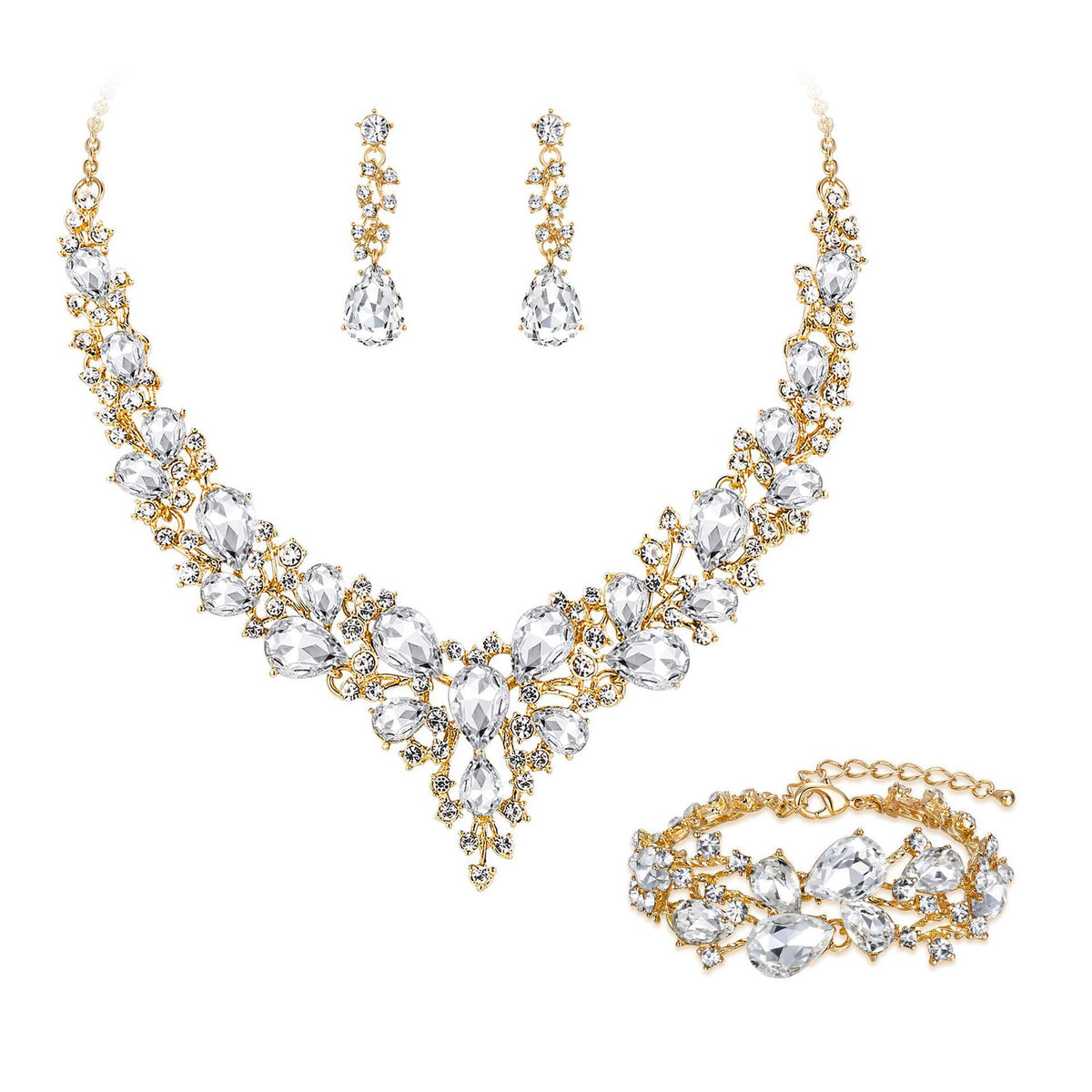 elegant waterdrop crystal bridal jewelry set in gold color featuring a rhinestone pendant necklace drop earrings and matching bracelet