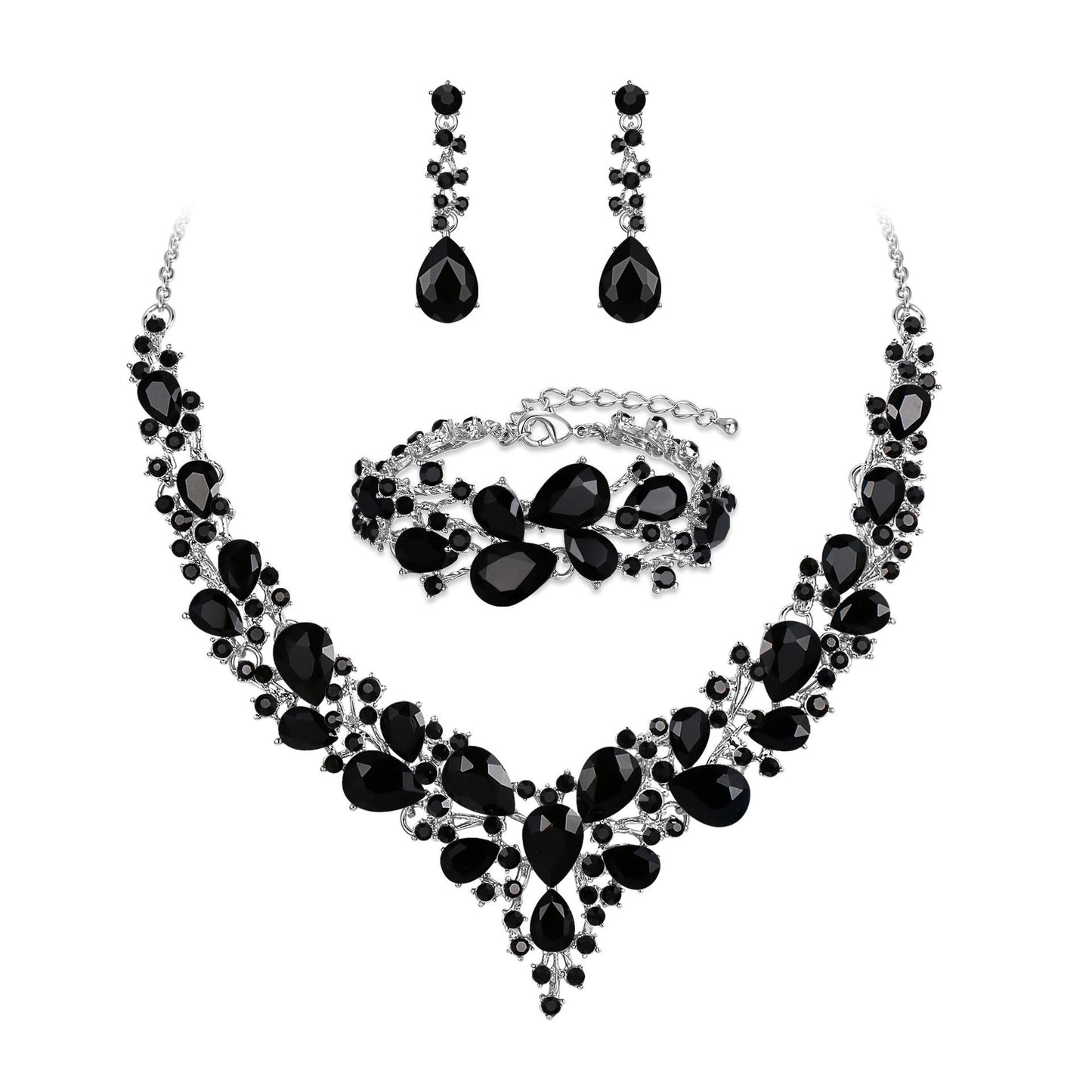 elegant waterdrop crystal bridal jewelry set in sleek black color featuring a rhinestone pendant necklace drop earrings and matching bracelet
