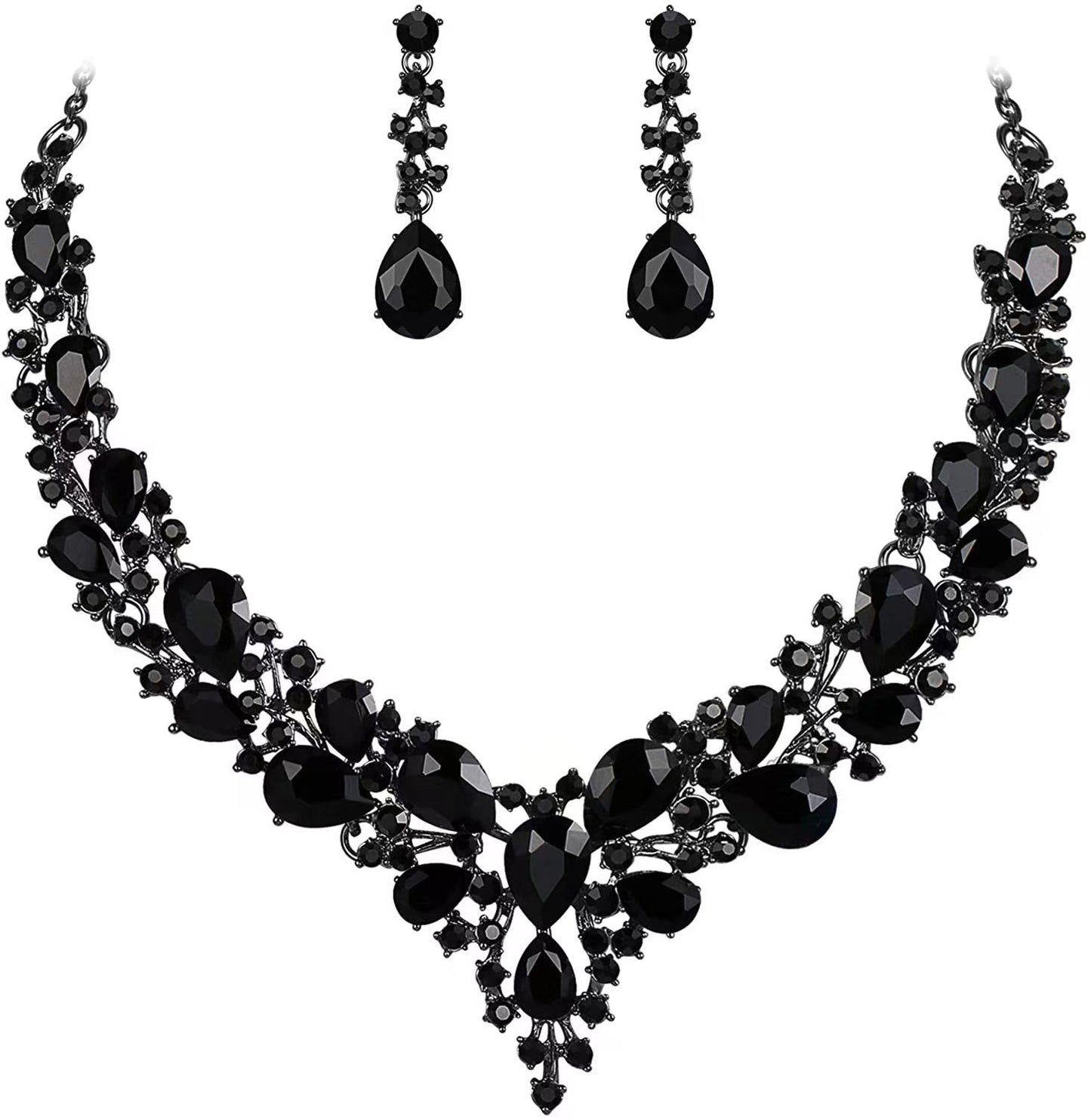 elegant waterdrop crystal bridal jewelry set in sleek black color with luxury statement necklace and matching teardrop earrings