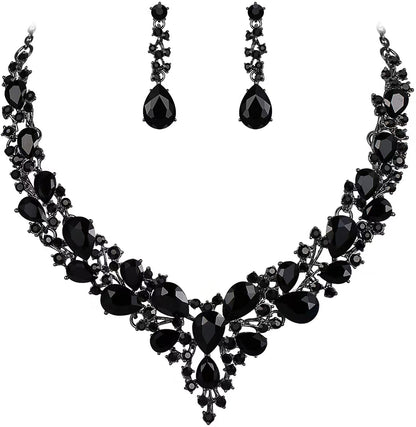 elegant waterdrop crystal bridal jewelry set in sleek black color with luxury statement necklace and matching teardrop earrings