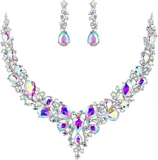 elegant waterdrop crystal bridal jewelry set with multicolored iridescent ab rhinestones and silver chain
