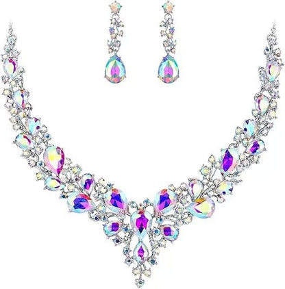 elegant waterdrop crystal bridal jewelry set with multicolored iridescent ab rhinestones and silver chain