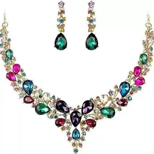 elegant waterdrop crystal bridal jewelry set with multicolored rhinestone charms and gold chain design
