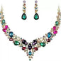 elegant waterdrop crystal bridal jewelry set with multicolored rhinestone charms and gold chain design