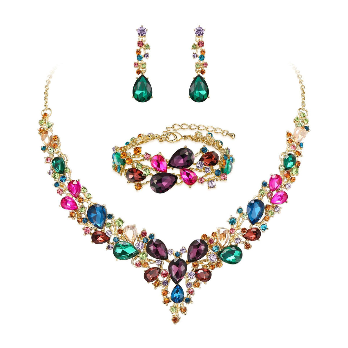 elegant waterdrop crystal bridal jewelry set with multicolored rhinestone elements featuring necklace drop earrings and matching bracelet