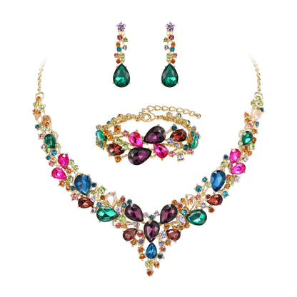 elegant waterdrop crystal bridal jewelry set with multicolored rhinestone elements featuring necklace drop earrings and matching bracelet