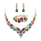 elegant waterdrop crystal bridal jewelry set with multicolored rhinestone elements featuring necklace drop earrings and matching bracelet