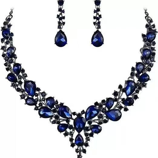 elegant waterdrop crystal bridal jewelry set with royal blue rhinestones and sleek black chain design