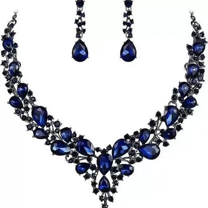 elegant waterdrop crystal bridal jewelry set with royal blue rhinestones and sleek black chain design