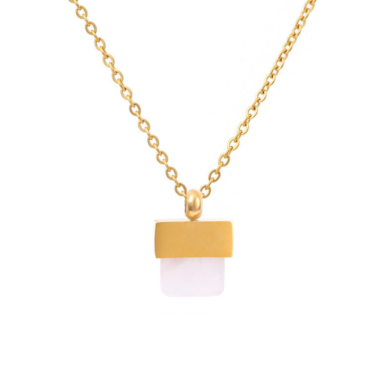 elegant gold chain necklace with a square natural stone geometric pendant on a clean background