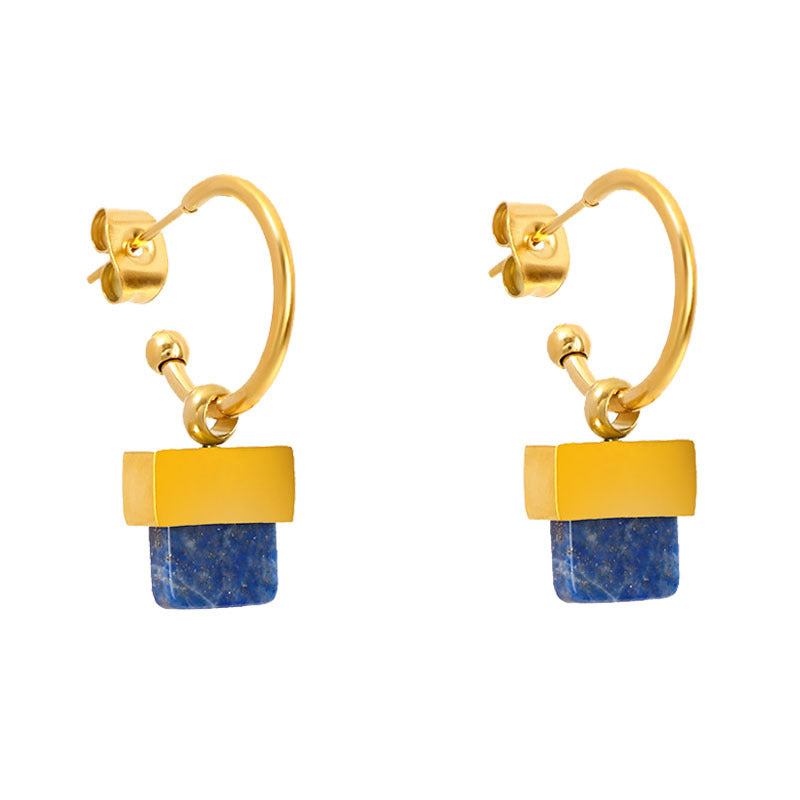 elegant gold chain necklace with a square blue natural stone geometric pendant on a clean background