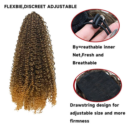 detailed structural parameter chart of afro kinky curly drawstring ponytail wig extension showcasing inner net and buckle