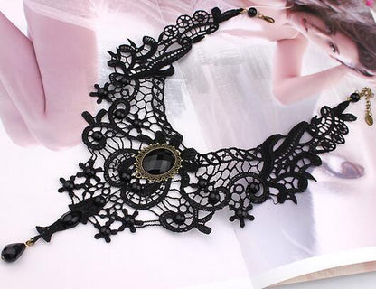 gothic black lace choker necklace variant displaying romantic velvet dark aesthetic elements and teardrop charm