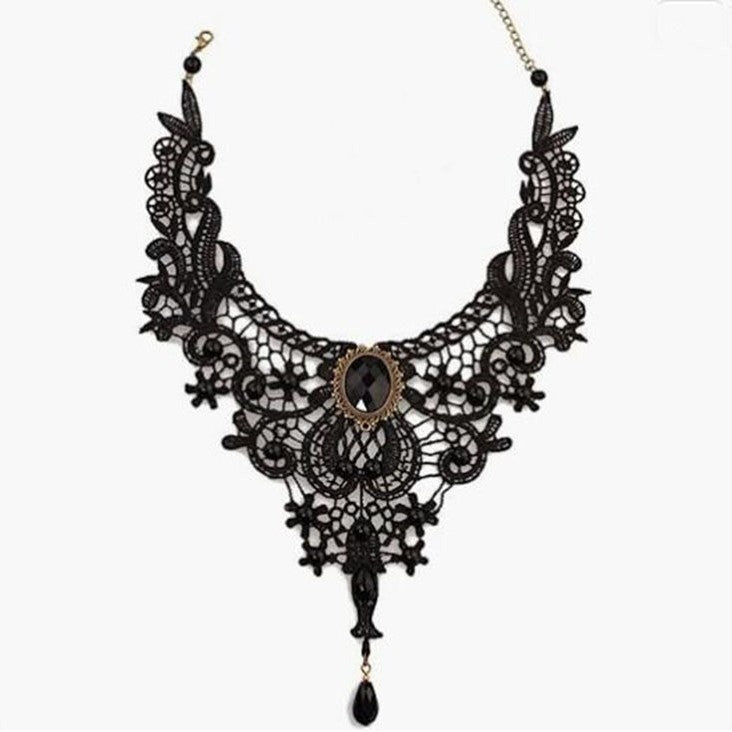 gothic black lace choker necklace with vintage victorian gemstone collar chain