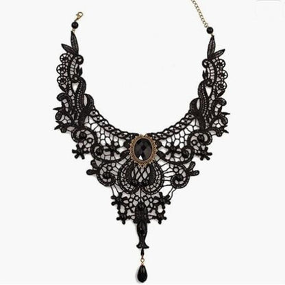 gothic black lace choker necklace with vintage victorian gemstone collar chain