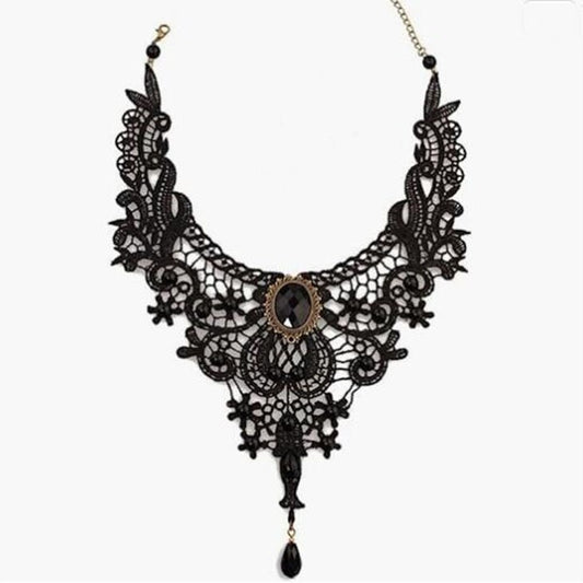 gothic black lace choker necklace with vintage victorian gemstone collar chain